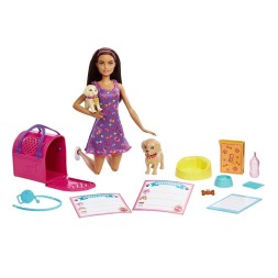 Кукла Barbie Pup Adoption с аксессуарами и функцией смены цвета, 2 питомца, переноска и 10 аксессуаров