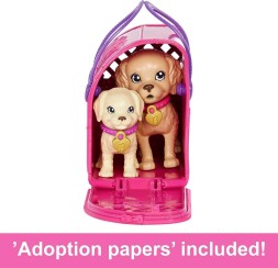 Кукла Barbie Pup Adoption с аксессуарами и функцией смены цвета, 2 питомца, переноска и 10 аксессуаров