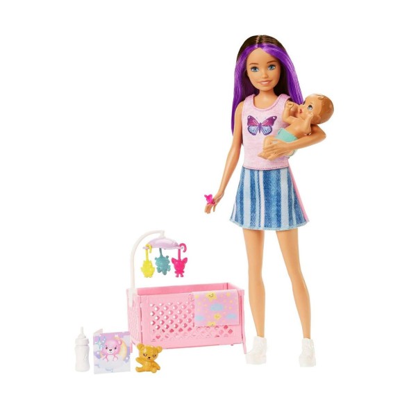 Кукла Barbie Skipper Babysitters Inc. Игровой набор с кроваткой, няней, куклой-младенцем с сонными глазками, мебелью и аксессуарами