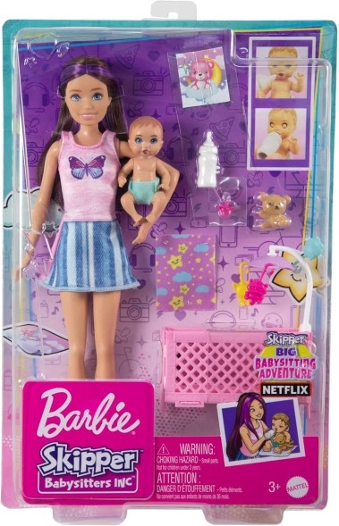 Кукла Barbie Skipper Babysitters Inc. Игровой набор с кроваткой, няней, куклой-младенцем с сонными глазками, мебелью и аксессуарами
