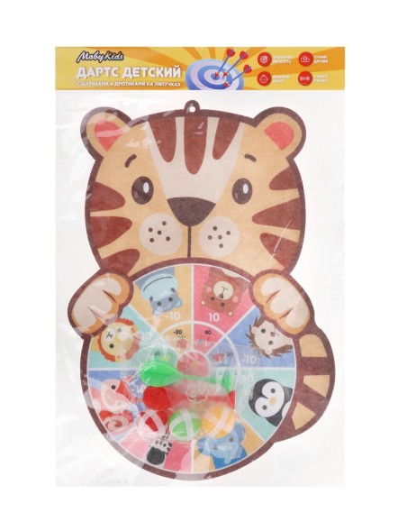 Дартс детский на липучках MOBY KIDS Тигренок, поле 23 см, 2 дротика и 3 шарика