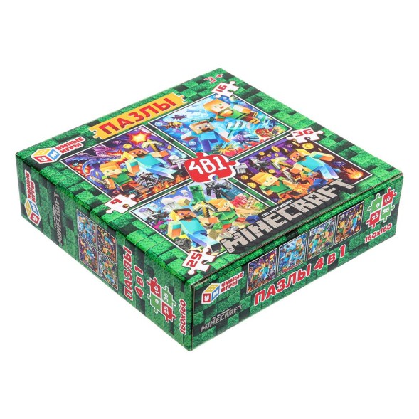 По мотивам Minecraft. Пазлы в коробке, набор 4в1: 9,16,25,36 деталей. Умные игры