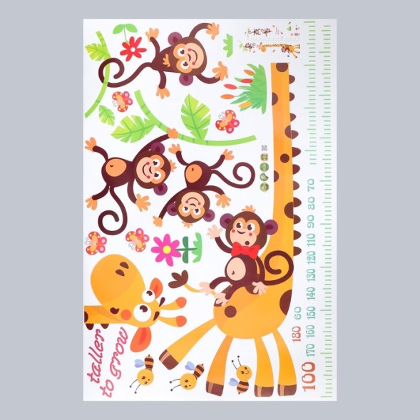 Наклейка пластик интерьерная цветная ростомер &quot;Жираф и обезьяны&quot; 60х90 см