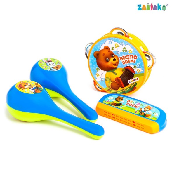 Набор музыкальных инструментов «Весело поем»: бубен, 2 маракаса, губная гармошка. Zambians