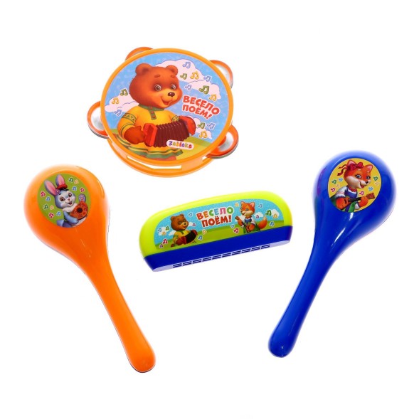 Набор музыкальных инструментов «Весело поем»: бубен, 2 маракаса, губная гармошка. Zambians
