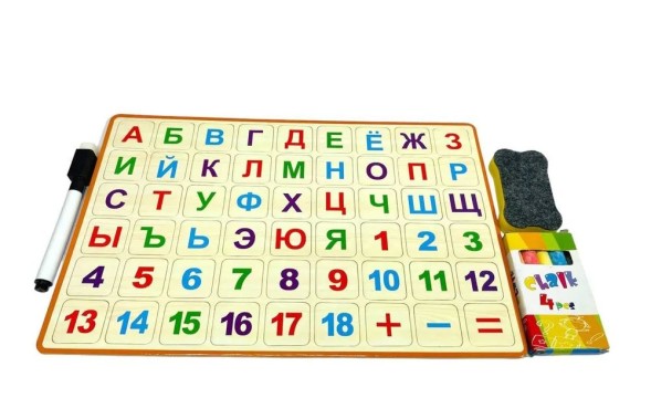 Доска-Мольберт для рисования детский двухсторонний с маркером, алфавитом и мелками