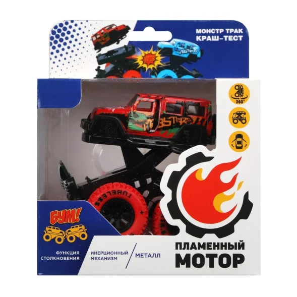 Монстр трак Краш-тест, мет., ин.мех-м 4х4, откр.двери, свет, звук, подпрыгивает на стойках, отлетает кабина, красн.