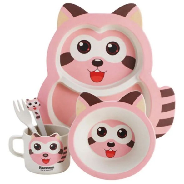 Бамбуковый набор детской посуды Енот, 5 предметов. Цвета: желтый, бежевый, голубой или розовый