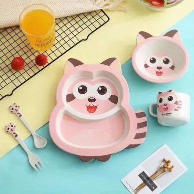 Бамбуковый набор детской посуды Енот, 5 предметов. Цвета: желтый, бежевый, голубой или розовый