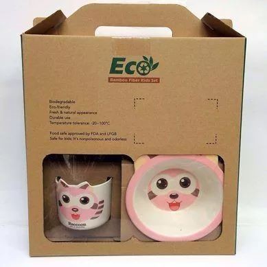 Бамбуковый набор детской посуды Енот, 5 предметов. Цвета: желтый, бежевый, голубой или розовый