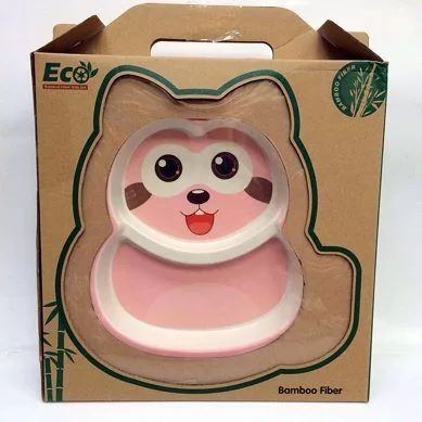 Бамбуковый набор детской посуды Енот, 5 предметов. Цвета: желтый, бежевый, голубой или розовый