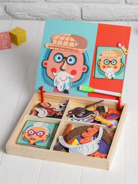 Конструктор магнитный "Весёлые рожицы": карточки, маркер, магнитные элементы! Уценка: не хватает крепления для магнитной доски