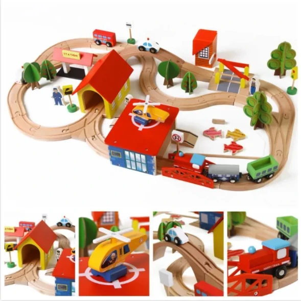 Деревянная железная дорога детская с депо, переездом, мостом, станцией, 70 деталей