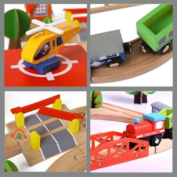 Деревянная железная дорога детская с депо, переездом, мостом, станцией, 70 деталей