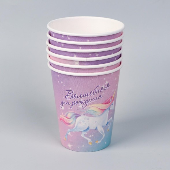 Набор бумажной посуды «Волшебного дня рождения. Единорог», 6 тарелок, 6 стаканов, 6 колпаков, 1 гирлянда