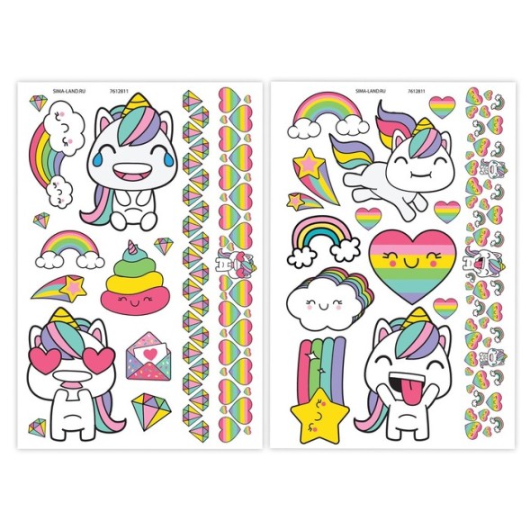 Детские тату Радужный единорог, 2 листа в наборе
