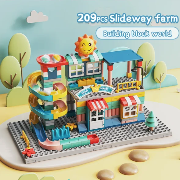 Развивающий конструкторы с шариками и горками Happy Sunday, 209 крупных деталей. Нижняя платформа в набор не входит