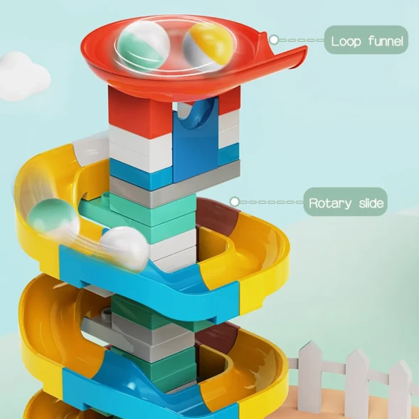 Развивающий конструкторы с шариками и горками Happy Sunday, 209 крупных деталей. Нижняя платформа в набор не входит