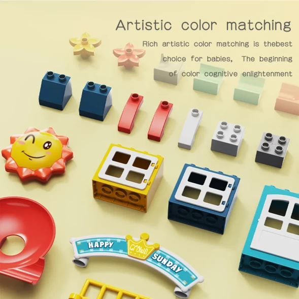 Развивающий конструкторы с шариками и горками Happy Sunday, 209 крупных деталей. Нижняя платформа в набор не входит