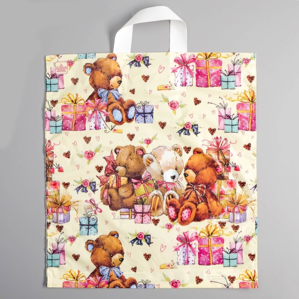 Пакет «Мишки с подарками», полиэтиленовый с петлевой ручкой, 42×38 см, 33 мкм