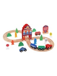 Деревянная Железная дорога: 17 эл. дор., дл. полотна 128 см, паровоз+2 вагона, 2 машинки, 2 здания, 11 эл. декора. Mapacha