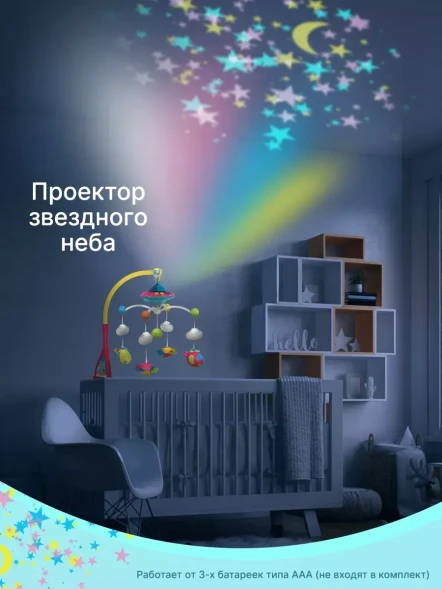 Музыкальная карусель, Мобиль "Летающая тарелка", проектор звездного неба, звук, свет. HUANGER