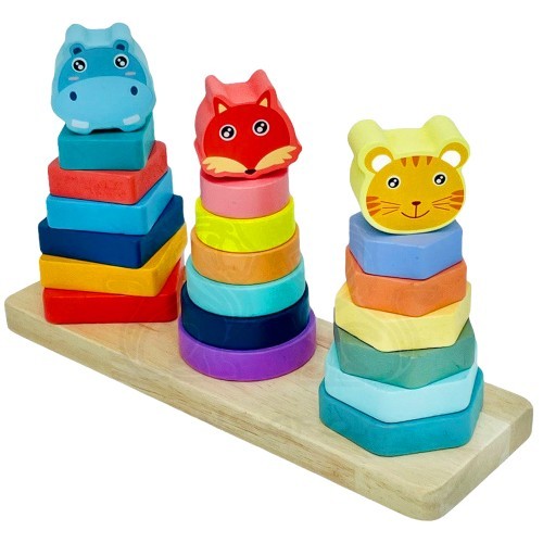 Развивающий Сортер 3в1 Деревянная Пирамидка с Животными 21 деталь 21х12х7 см