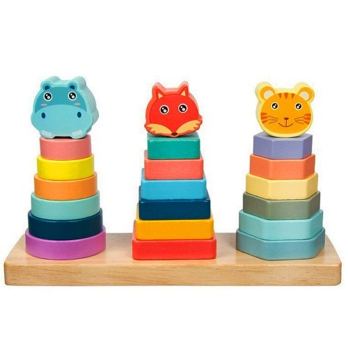 Развивающий Сортер 3в1 Деревянная Пирамидка с Животными 21 деталь 21х12х7 см