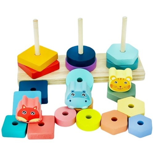 Развивающий Сортер 3в1 Деревянная Пирамидка с Животными 21 деталь 21х12х7 см