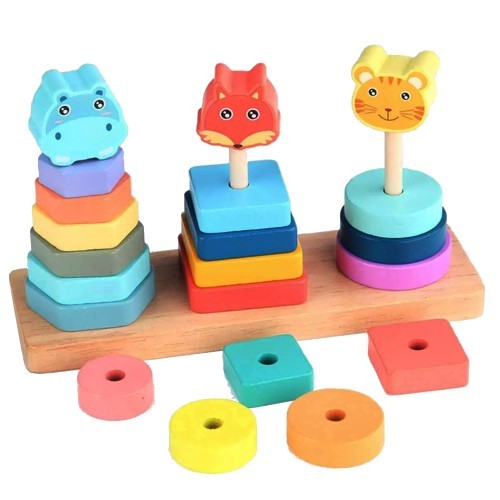 Развивающий Сортер 3в1 Деревянная Пирамидка с Животными 21 деталь 21х12х7 см