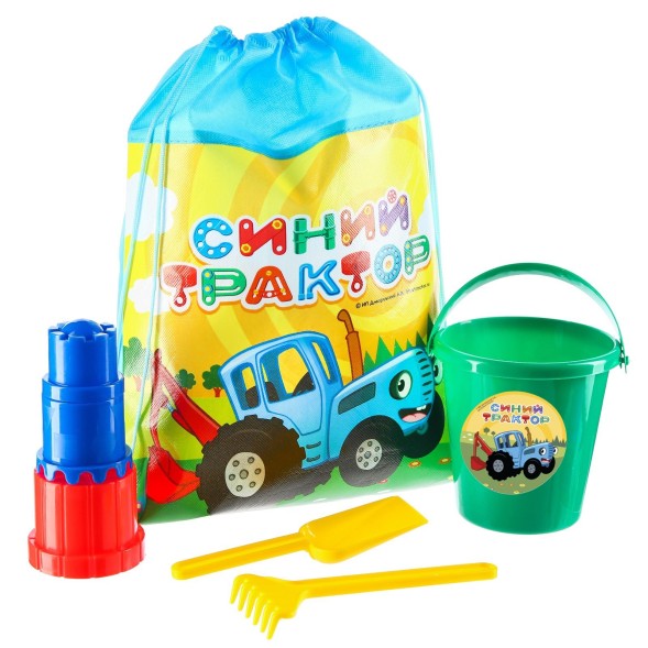 Песочный набор в рюкзаке, Синий трактор, грабли, совок, 3 формочки, ведёрко 1 л