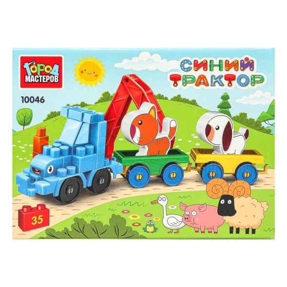 Конструктор синий трактор+тележки с животными, 35 дет. Город мастеров