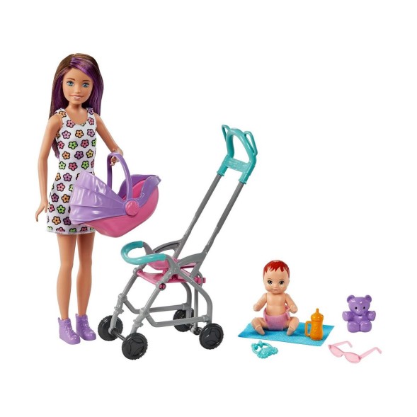 Игровой набор Barbie Skipper Babysitters Inc с куклой, коляской, куклой и 5 аксессуарами, съемное сиденье коляски для переноски
