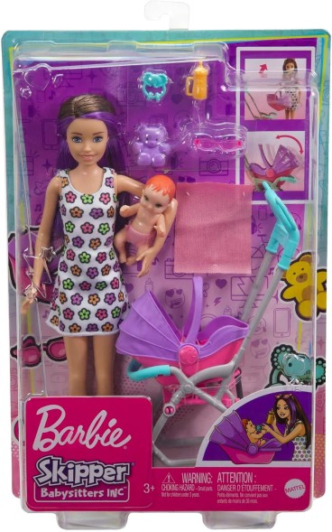 Игровой набор Barbie Skipper Babysitters Inc с куклой, коляской, куклой и 5 аксессуарами, съемное сиденье коляски для переноски
