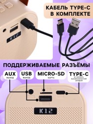 Караоке детское беспроводное, 2 микрофона, bluetooth, 5 режимов подсветки, звук, свет, бежевый