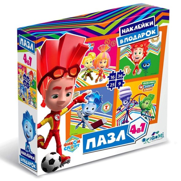 Пазл 4 в 1 «Фиксики. К победе!», 9-16-25-36 элементов + наклейки