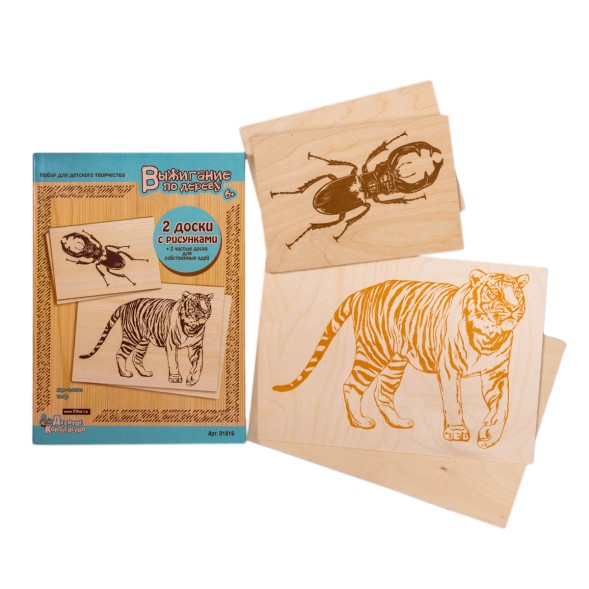Набор досок с рисунком для выжигания А5 и А4 формата «Жук-олень» и «Тигр» (4 штуки), Десятое королевство