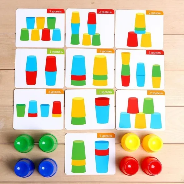Развивающий набор "Цветные стаканчики", учим цвета, 20 заданий на карточках.