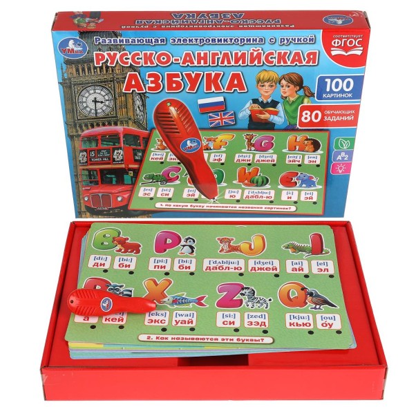 Электровикторина с ручкой русско-английская азбука.180 картинок,заданий. Умка