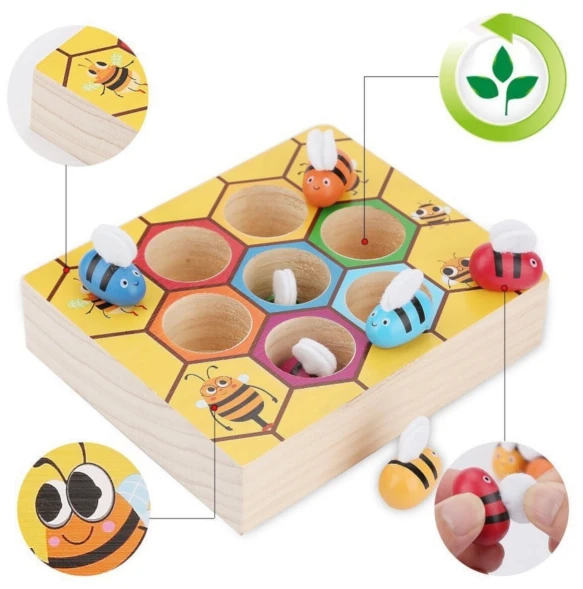 Сортер деревянный Пчелки и Улей с щипцами, учим цвета