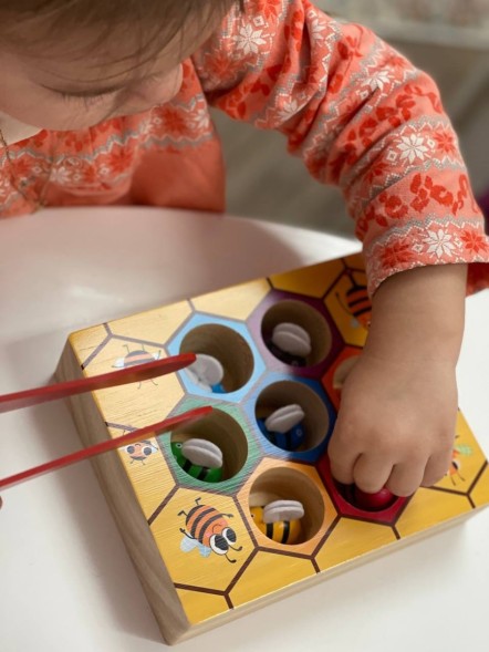 Сортер деревянный Пчелки и Улей с щипцами, учим цвета