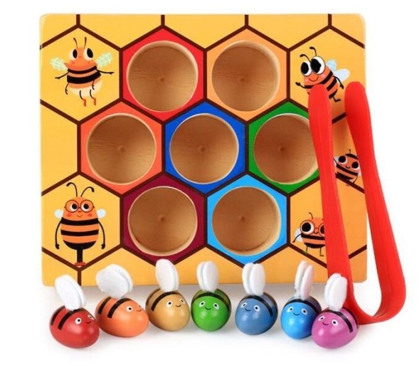 Сортер деревянный Пчелки и Улей с щипцами, учим цвета